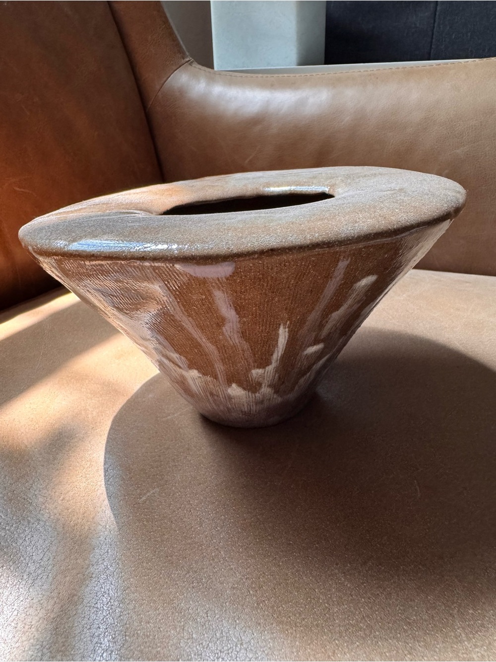 Handmade vintage Glazed Studio Pottery Vase in Warm Brown and Cream MCM